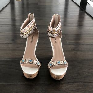 BEBE BEADED WEDGE SANDALS WHITE